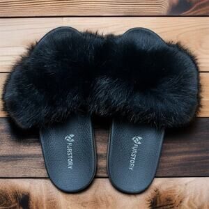 FURSTORY Genuine Fur Slides Sandals Womens 10 Poofy Black Glam